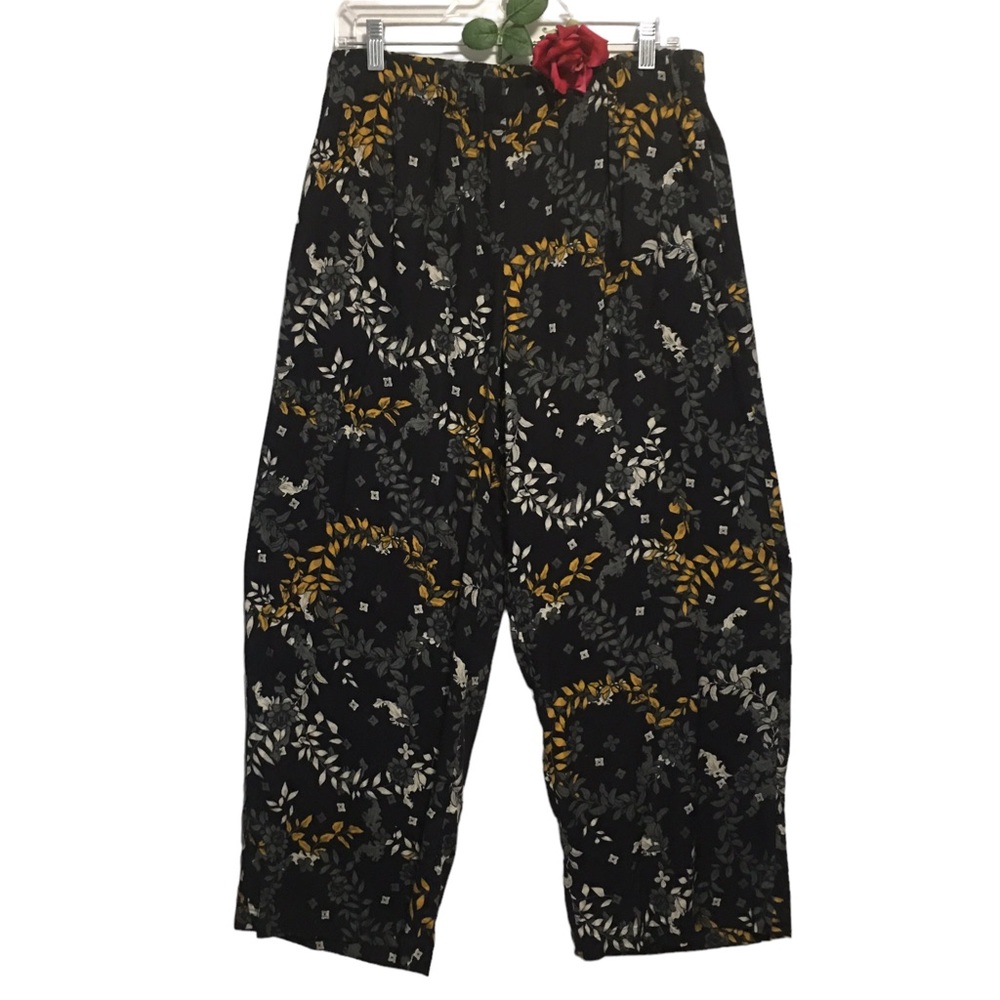 Boca Bay Tropical Leaf Print Palazzo pants elastic waist pockets gray mustard